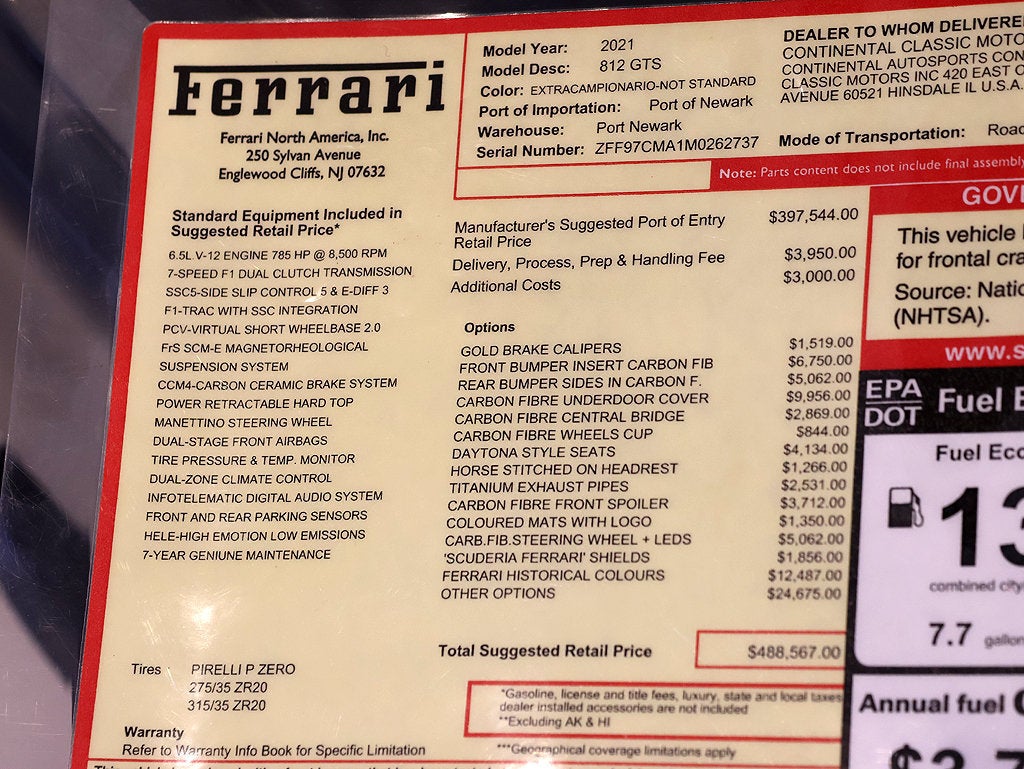 フェラーリ証明書Ｆ599 Ferrari-812-GTS-ZFF97CMA1M0262737 - Continental AutoSports